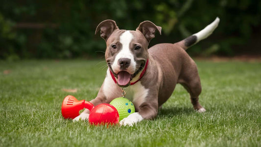 french pitbull mix playing with toys